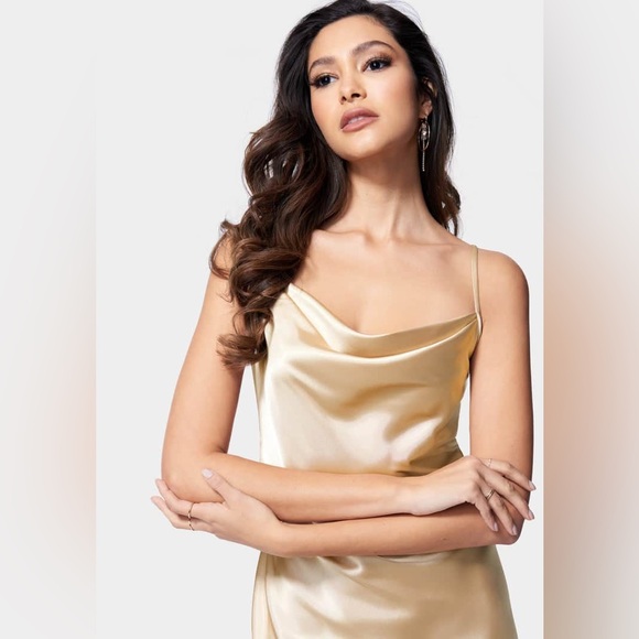 Bebe SATIN COWL NECK SLIP MIDI DRESS in bronze champagne silky retro size medium - Picture 4 of 14
